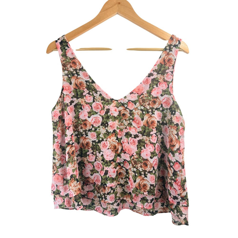 Forever 21 Womens Pink Floral Rose Print‎ Tiered Chiffon V-Neck Tank Top Medium
